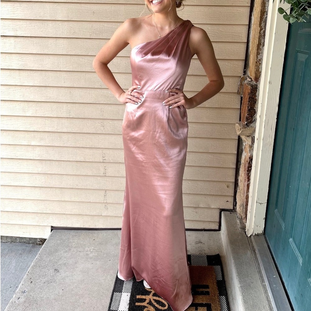 Lulus One Shoulder Satin Maxi Dress Mauve Pink Formal Gown Womens XS Bridesmaid
